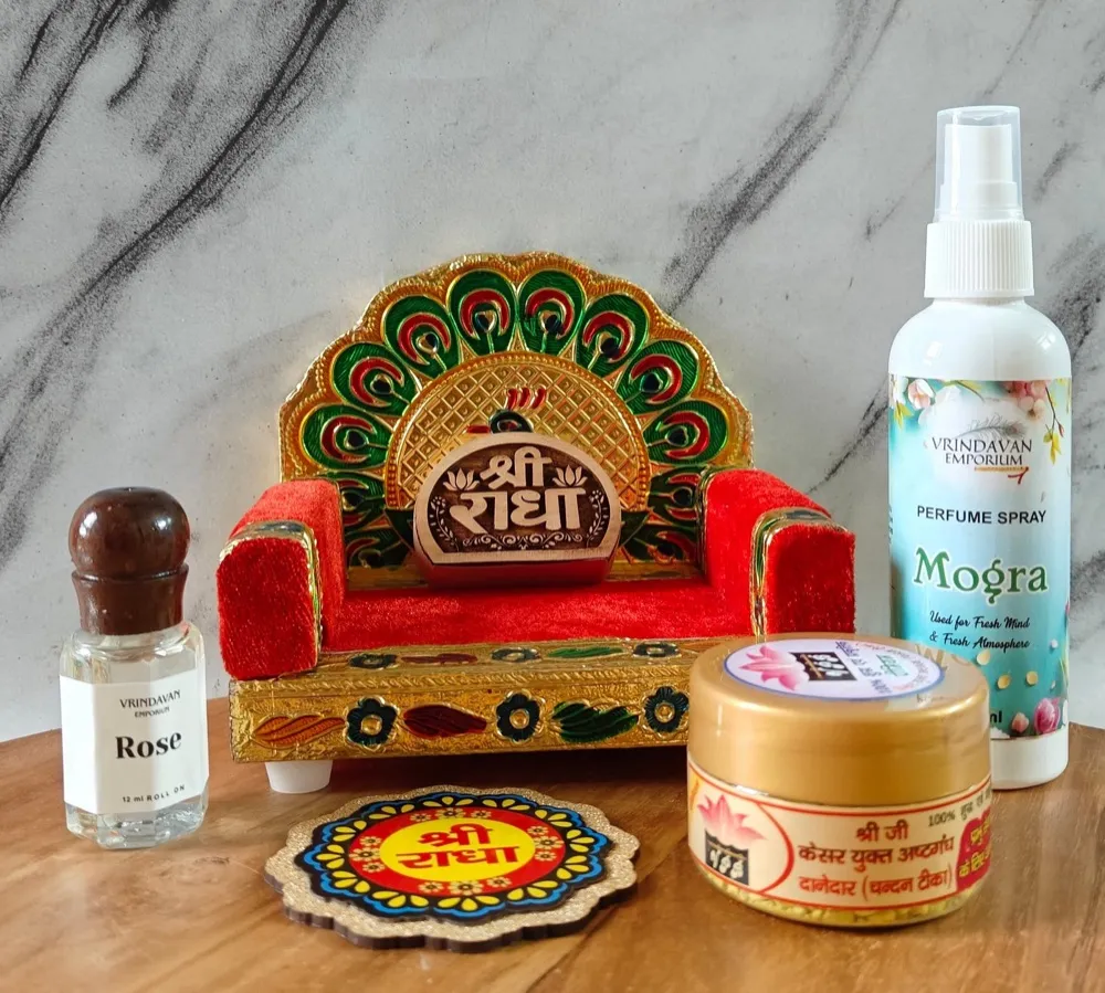 Naam Seva Combo Pack | Attar, Fragrance Spray, Singhasan with Shree Radha Kadamb Naam Seva & FREE Shri Radha MDF Sticker