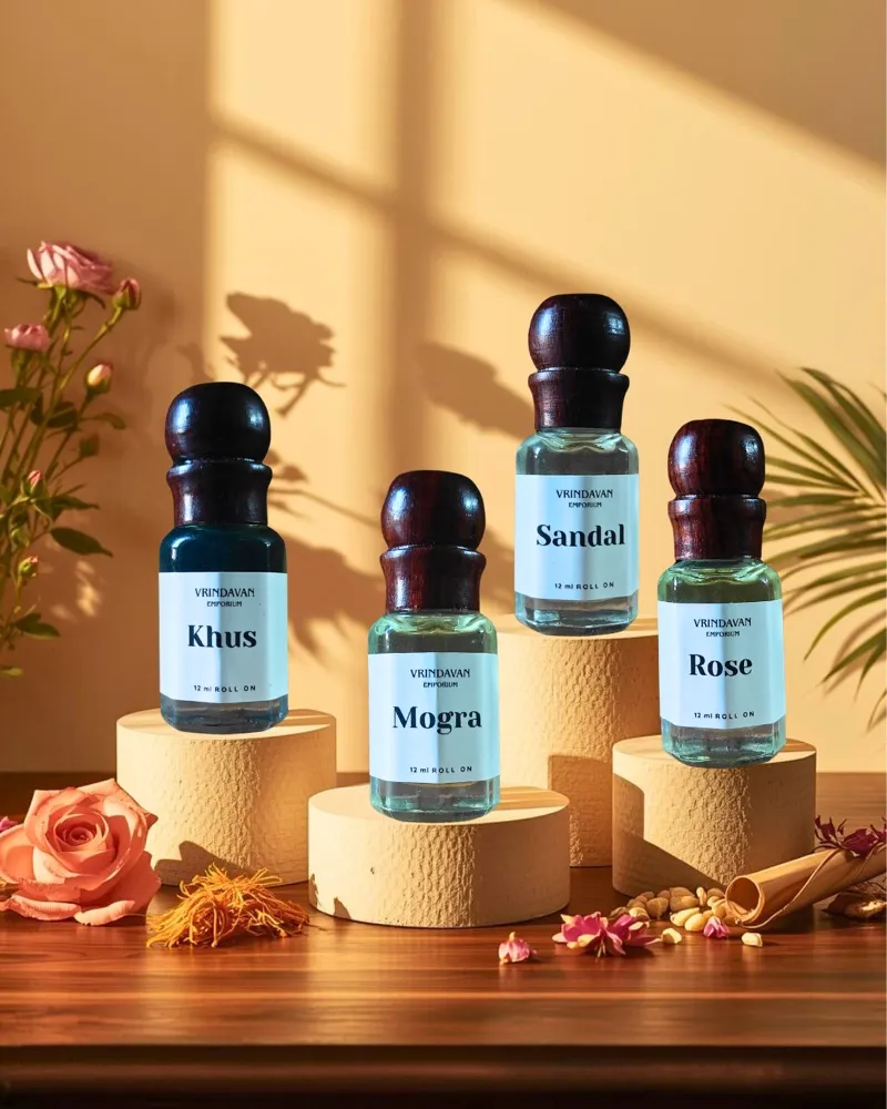 Premium Summer Attar Combo – Sandal, Rose, Khus & Mogra | Alcohol Free Seva Attars